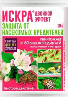 Таблетка растворимая " Искра Двойной эффект" 10 гр, все виды долгоносиков, белокрылки, тли, трипсы и многие другие вредители могут быть уничтожены мгновенно, а растение быстро восстановиться благодаря калийной добавке в составе препарата.